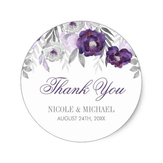 Purple and Grey Logo - Purple Grey Watercolor Flowers Wedding Thank You Classic Round ...