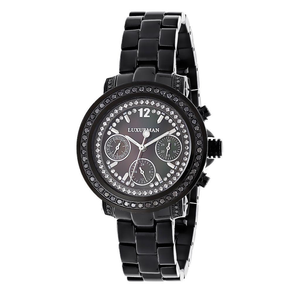 Black Diamond Watch Logo - Luxurman Watches: Ladies Black Diamond Watch 2.15ct