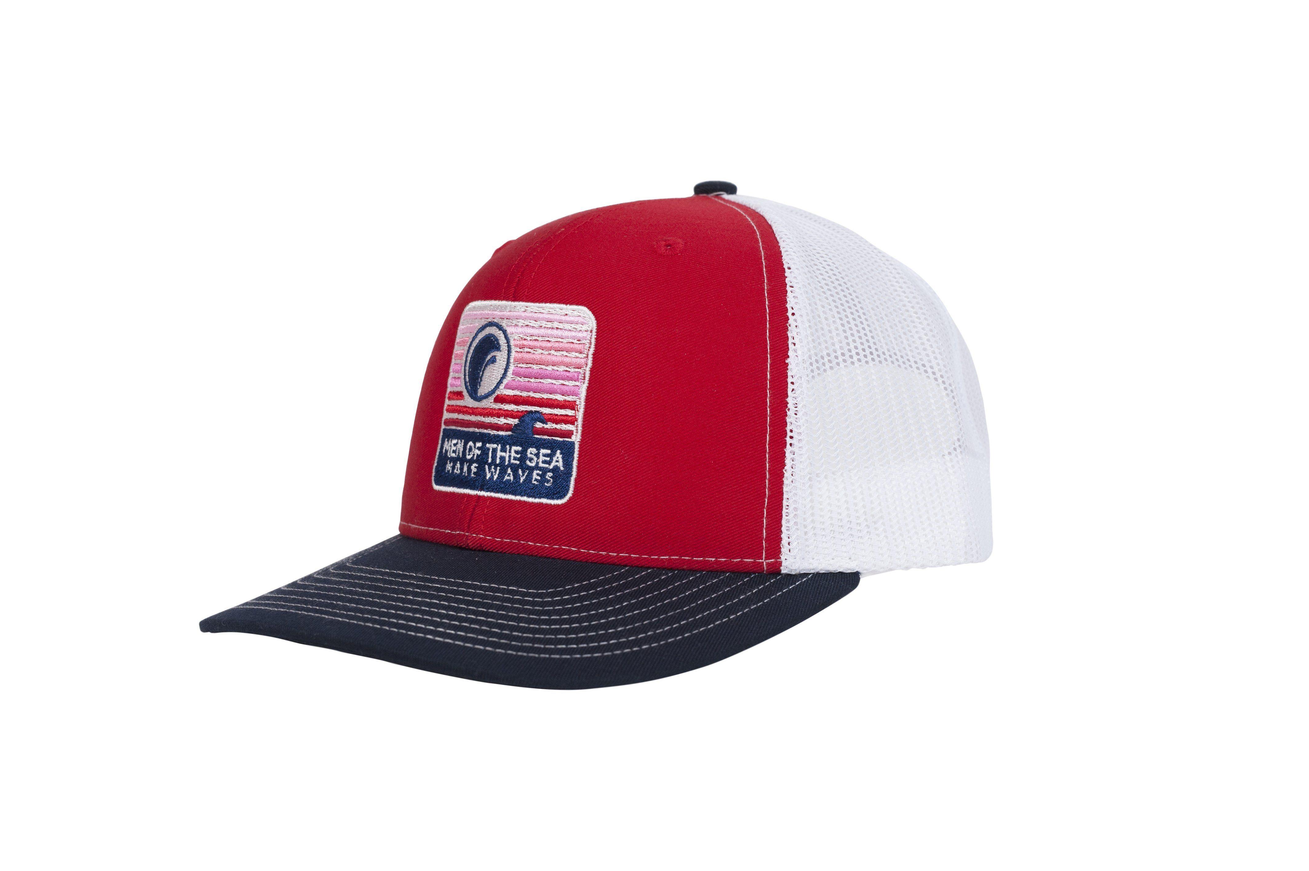 Red and White Waves Logo - Sunset Trucker Hat (Red, White & Blue) | MEN OF THE SEA - MAKE WAVES