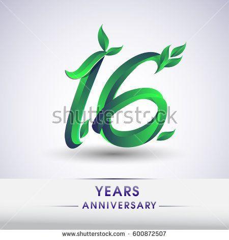Green Colored Leaves Logo - sixteen years anniversary celebration logotype with leaf and green ...
