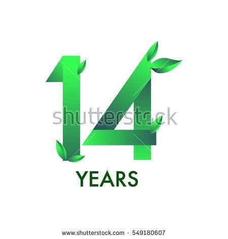 Green Colored Leaves Logo - fourteen years anniversary celebration logotype with leaf and green ...