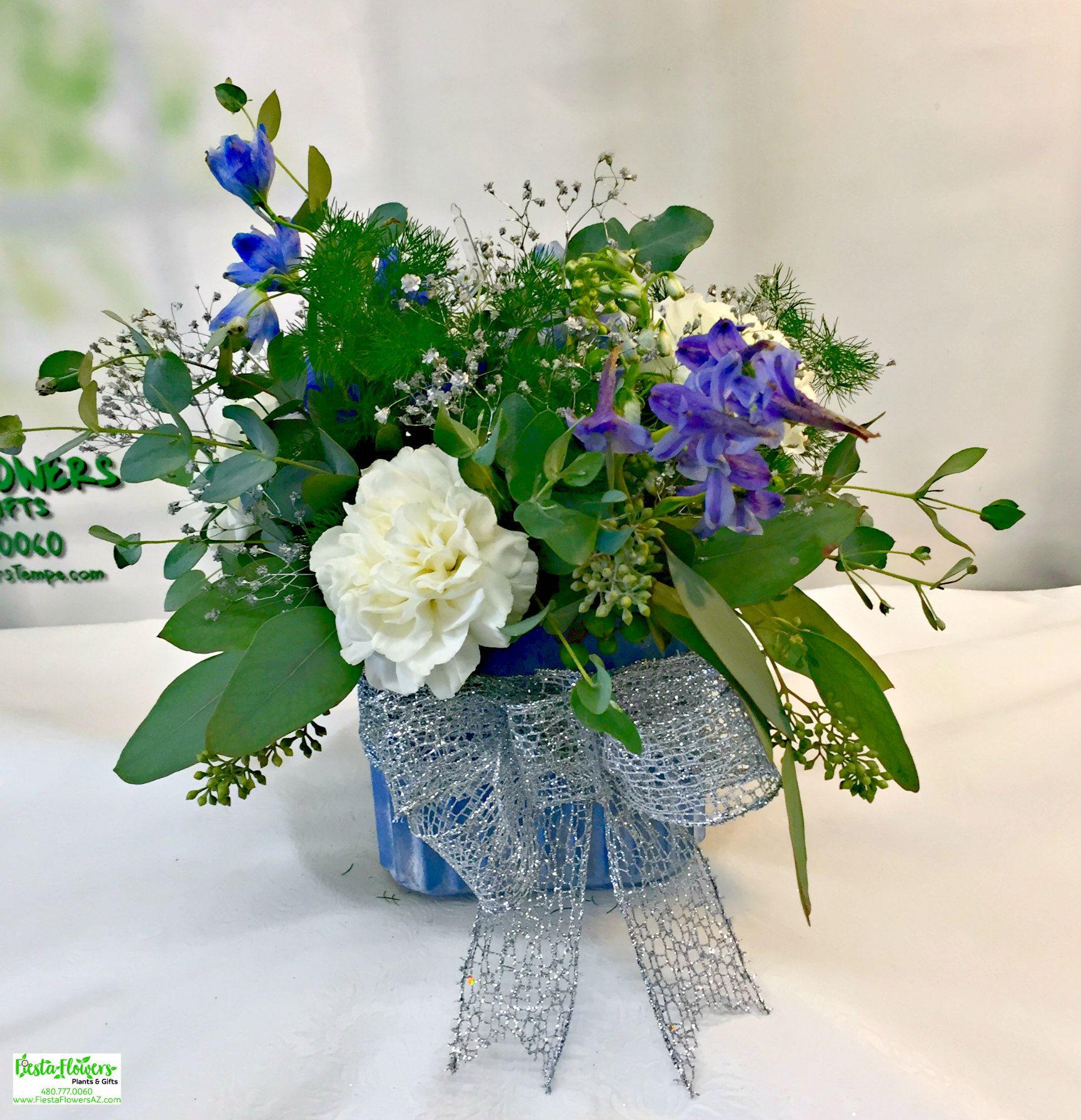 Blue Floral U Logo - Blue and White Garden Cube [U-3039] - Fiesta Flowers Plants & Gifts