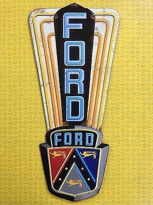 Rustic Automotive Logo - VINTAGE NEON STYLE Ford Logo Automotive Rustic Embossed Metal Sign