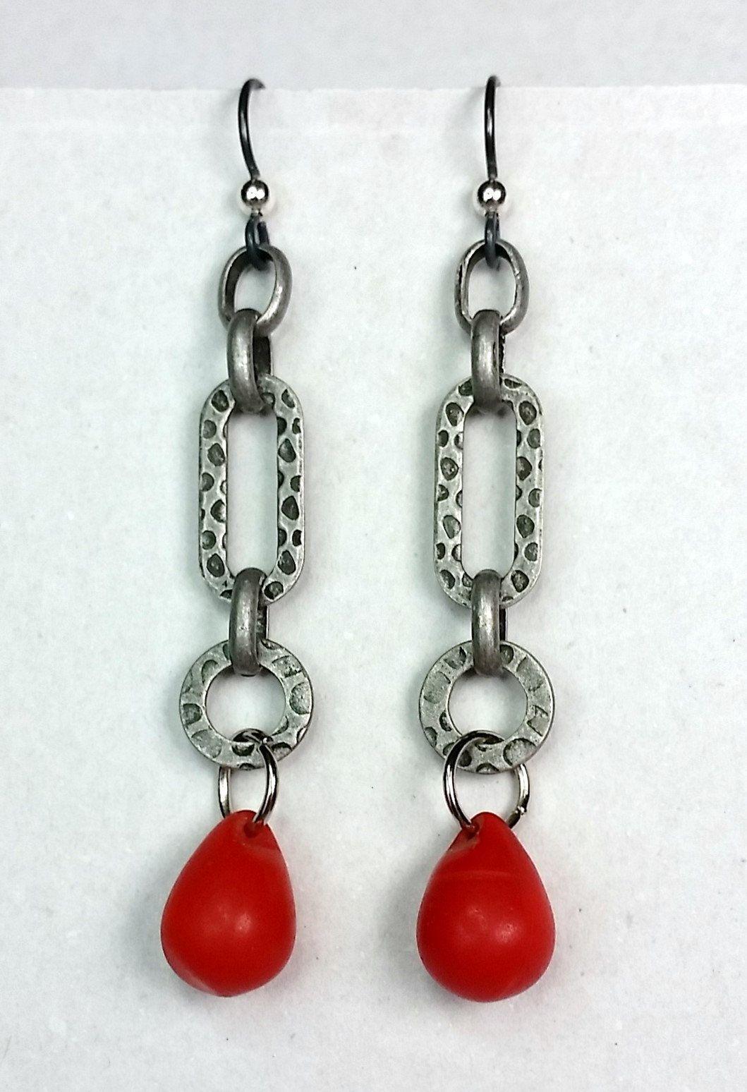 Gray and Red Teardrop Logo - Red Teardrop Bead on Hammered Chain Dangle Earrings