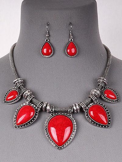 Gray and Red Teardrop Logo - Red Teardrop Statement Necklace Earrings Set. Jewelry scroll