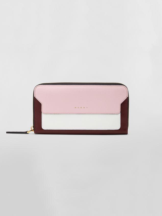 Burgandy and White Rectangle Logo - Rectangular Zip Around Wallet In Saffiano Leather Pink White