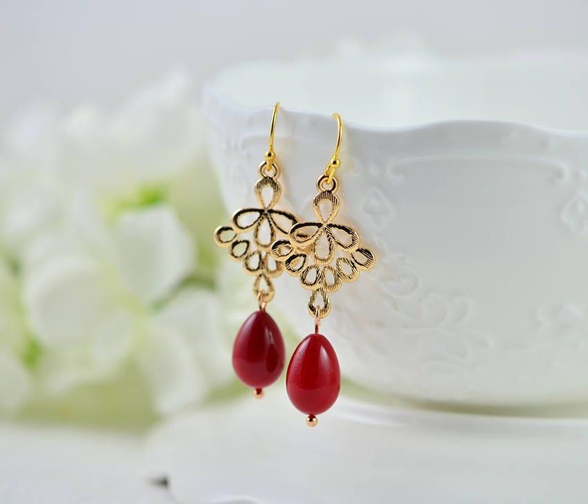 Gray and Red Teardrop Logo - Gold Red Drop Earrings, Bright Red Teardrop Earrings, Red Gold