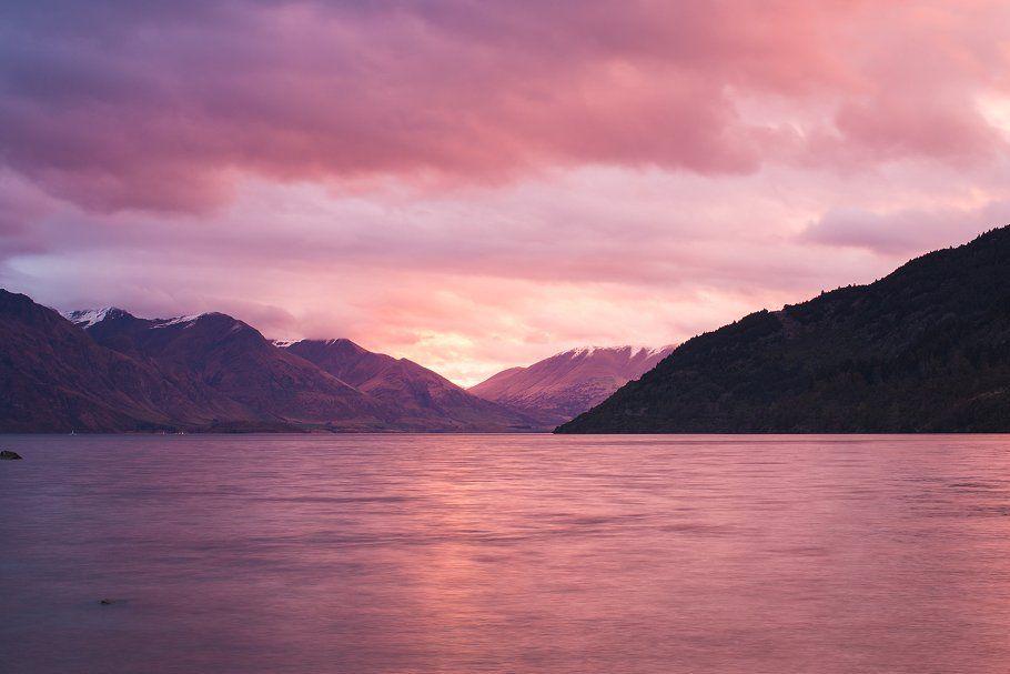 Pink Water with Mountains Logo - Beautiful pink sunset and mountains Nature Photo Creative Market