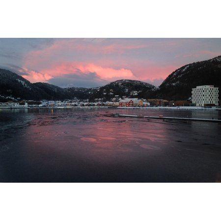 Pink Water with Mountains Logo - LAMINATED POSTER Sunset Pink Namsos Norway Winter Mountains Clouds