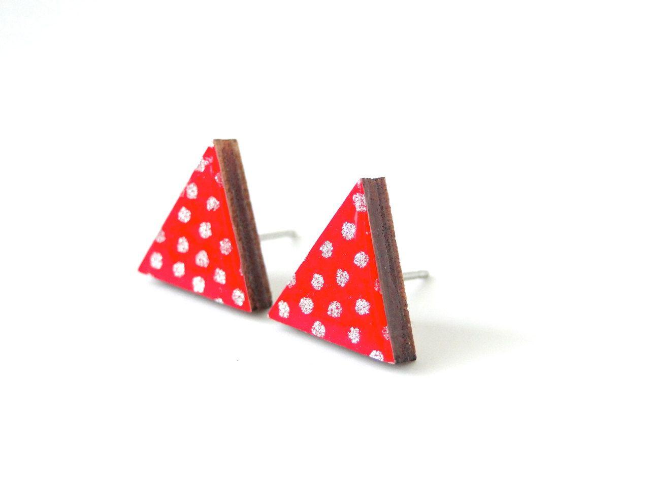 Red Triangle Geometric Logo - Red Triangle Stud Earrings, Geometric Earrings, Polka dots, Japanese