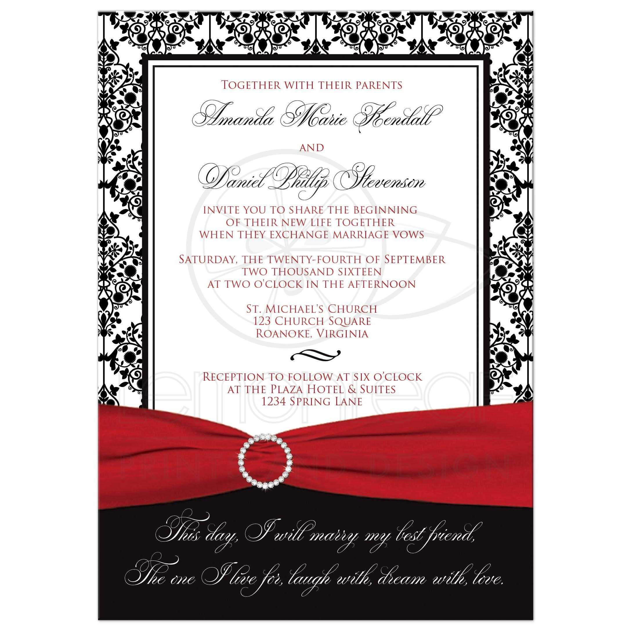 Red Black and White Diamond Rectangle Logo - Wedding Invitation. Black, White Damask. Printed Red Ribbon