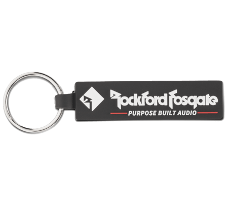Red Black and White Diamond Rectangle Logo - Rockford Fosgate Rubber Keychain This flat black rubberized keychain