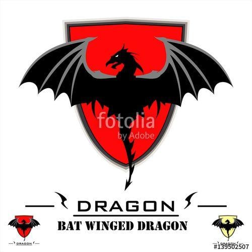 Red Shield Animal Logo - Dragon. Bat Winged Dragon over red shield