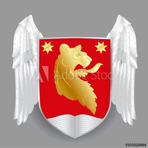 Red Shield Animal Logo - Heraldry coat of arms template design with lion head, red shield ...