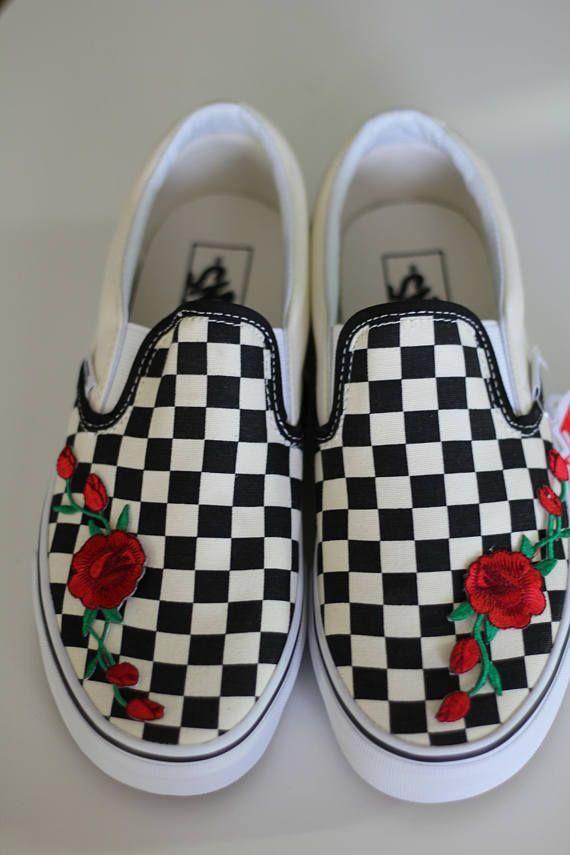 Crazy Checkerboard Vans Logo - Rose Patch Slip on Checkered Vans | Shoes!! in 2019 | Vans shoes ...