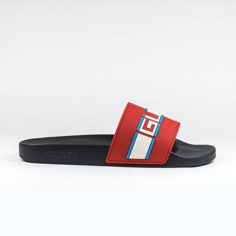 Red and Black Band Logo - Gucci Band Logo Pool Slides Red