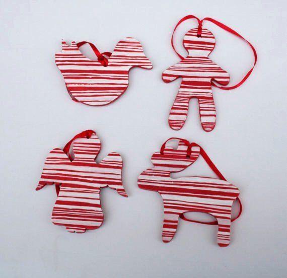 Red Box with White Bird Logo - Christmas Ornaments,Set of 4 Wooden, White and red stripes, in Gift ...