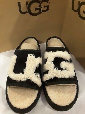 New UGG Logo - UGG WOMENS SIZE 6 Slide Black Natural Slipper Sheepskin Logo Shoes ...