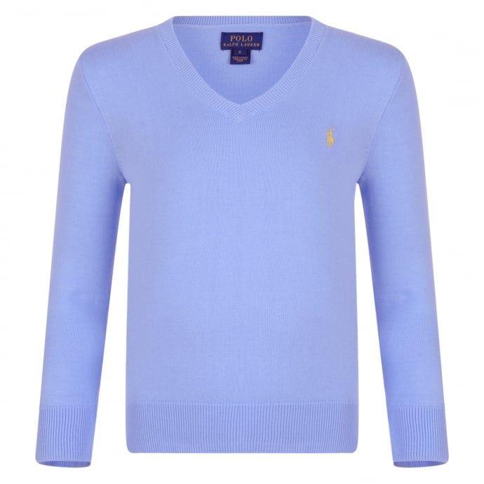 Blue and Yellow V Logo - Ralph Lauren Boys Blue V Neck Jumper With Yellow Embroidered Logo
