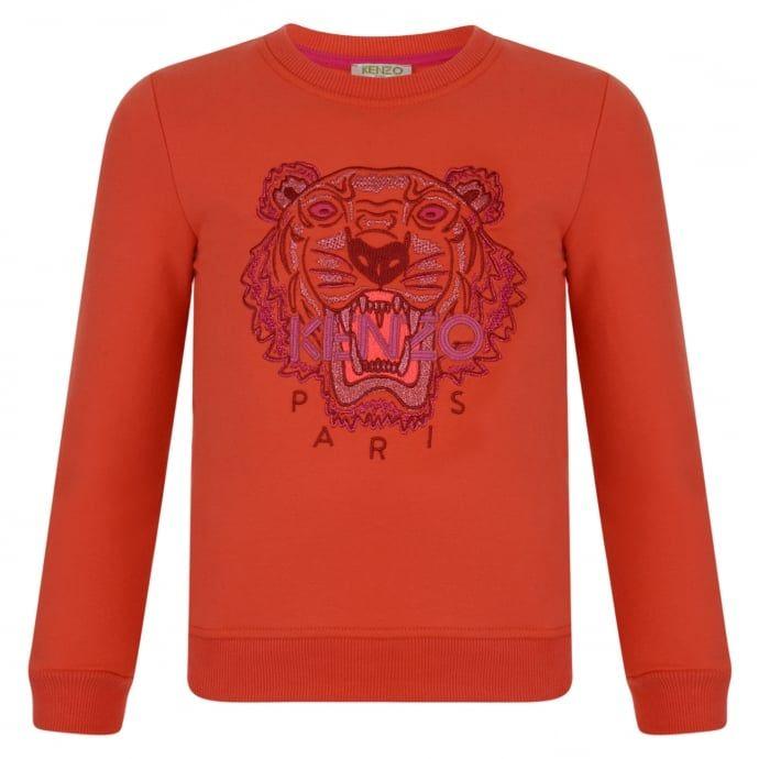 Orange and Red Logo - Kenzo Kids Girls Orange Sweatshirt with Glittery Fuchsia Pink Logo