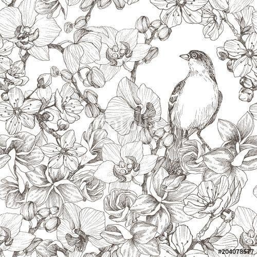 Beautiful Botany Logo - Seamless pattern. Hand drawn romantic retro illustration with bird ...