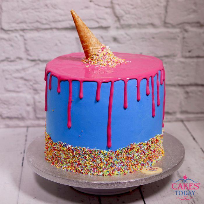 Pink and Blue Drip Logo - Ice Cream Cone Pink and Blue Drip Cake (A678)