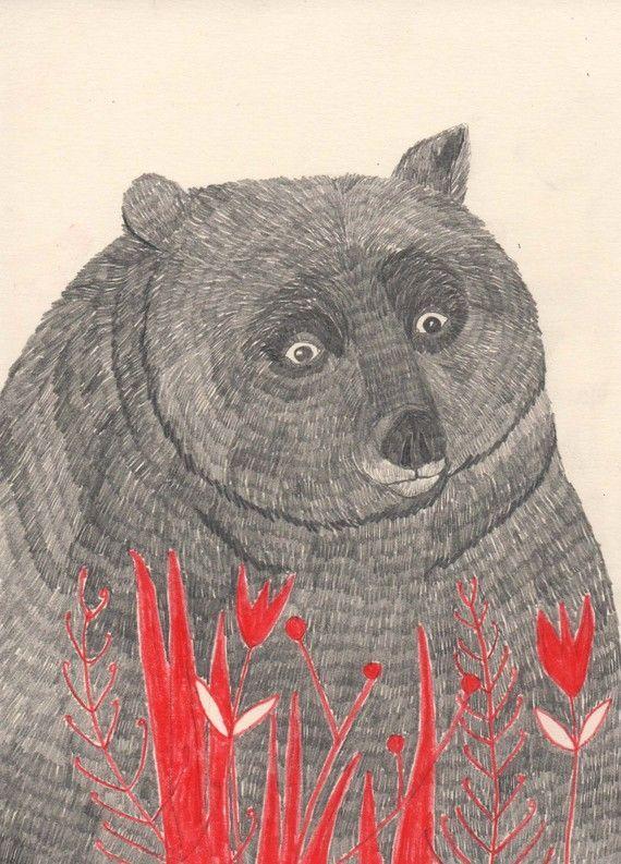 Red and Black Bear Face Logo - Brown Bear Original A5 Drawing. Art. Bear illustration, Bear