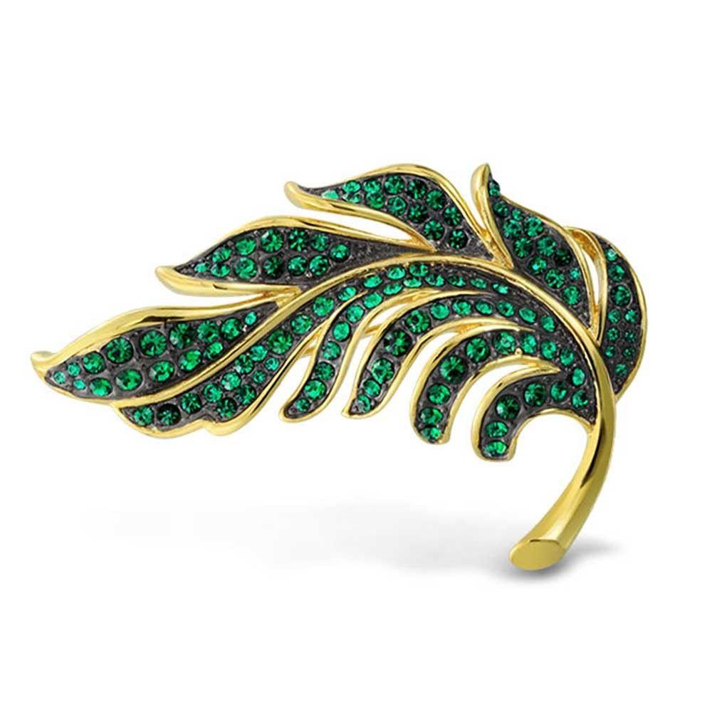 Gold Green Leaf Logo - Nature Leaf Emerald Green Crystal Gatsby Inspired Brooch Pin