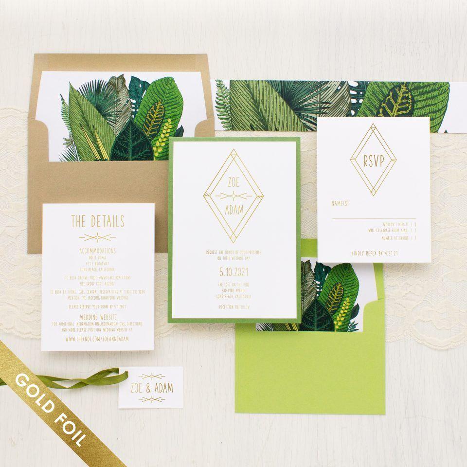 Gold Green Leaf Logo - Green Leaf Gold Foil Wedding Invitations