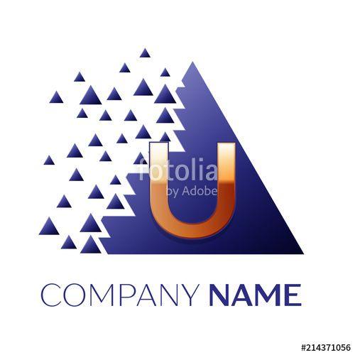 Blue White U Logo - Realistic Golden Letter U logo symbol in the blue colorful pixel