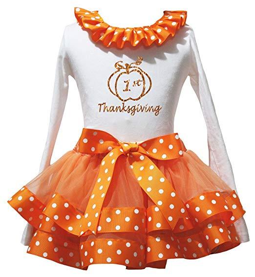 Orange White Dot Logo - Petitebelle 1st Thanksgiving White L S Shirt Orange White Dots Petal