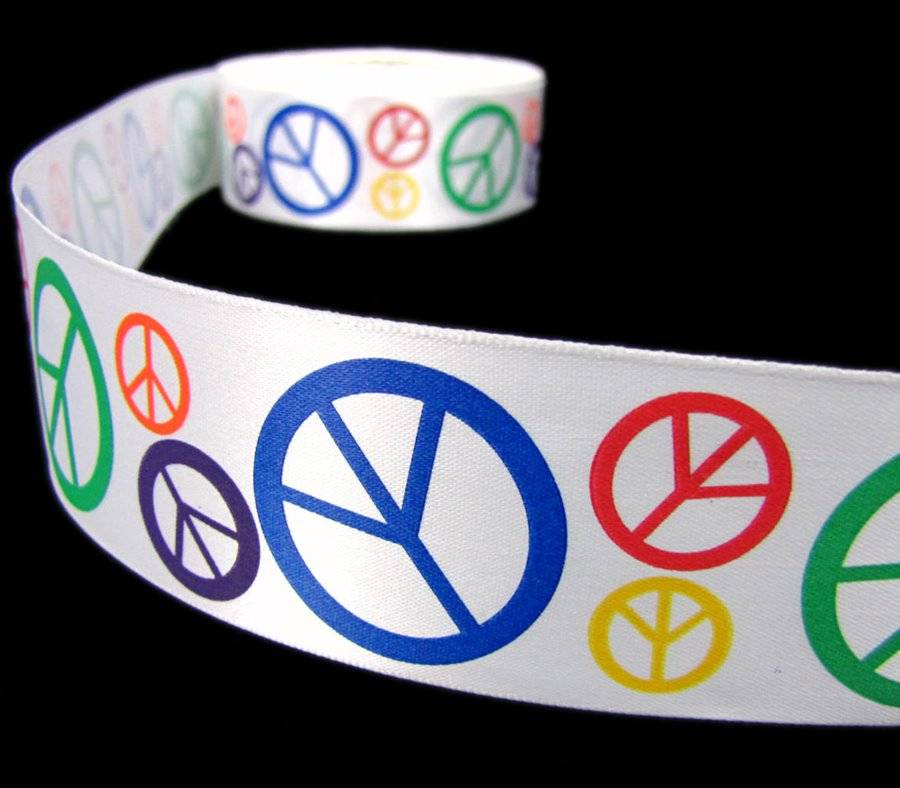 Hippie Signs and Logo - 5 Yds Peace Signs Hippie Satin Ribbon 1 1/2