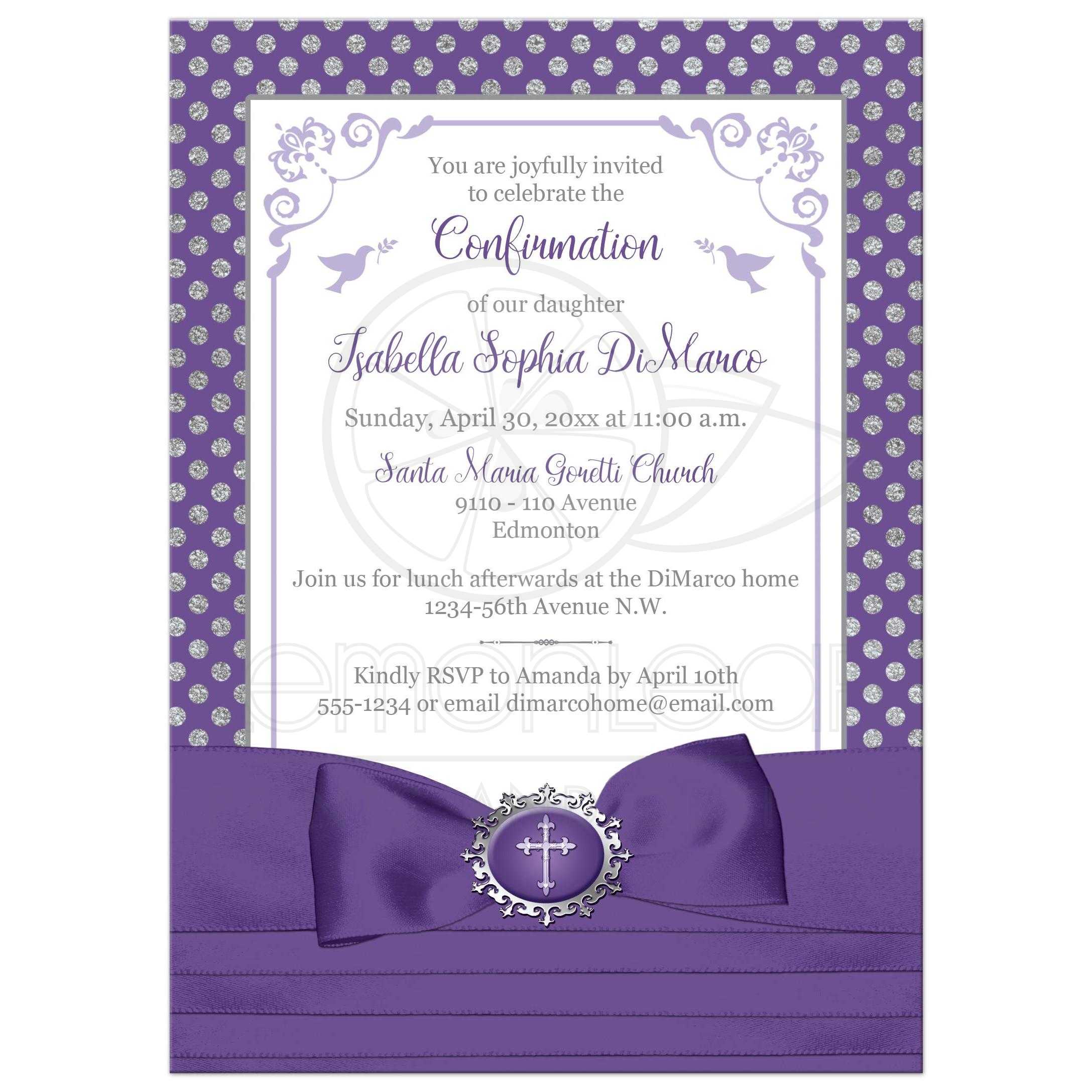 Purple White Cross Logo - Purple, Silver, White Polka Dots Confirmation Invitation | PRINTED ...