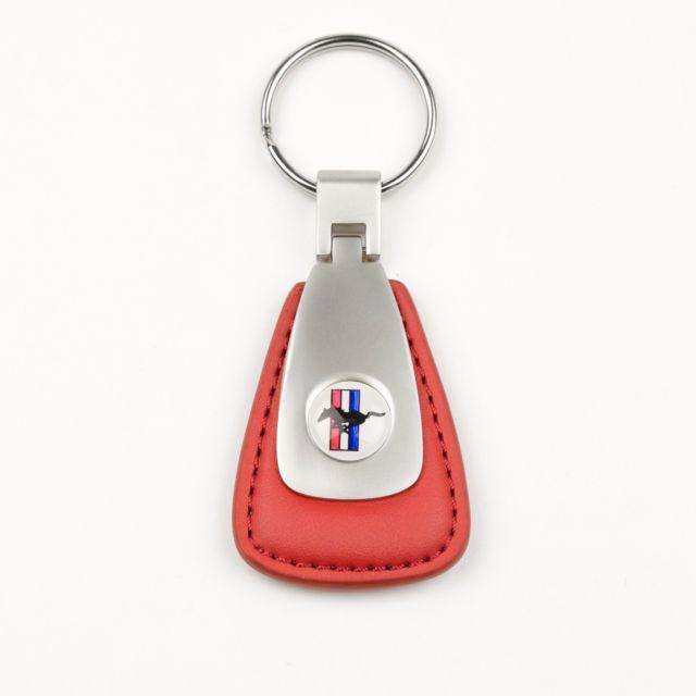 White with Red Tear Drop Logo - Ford Mustang Tri Bar Leather Teardrop Key Chain Fob