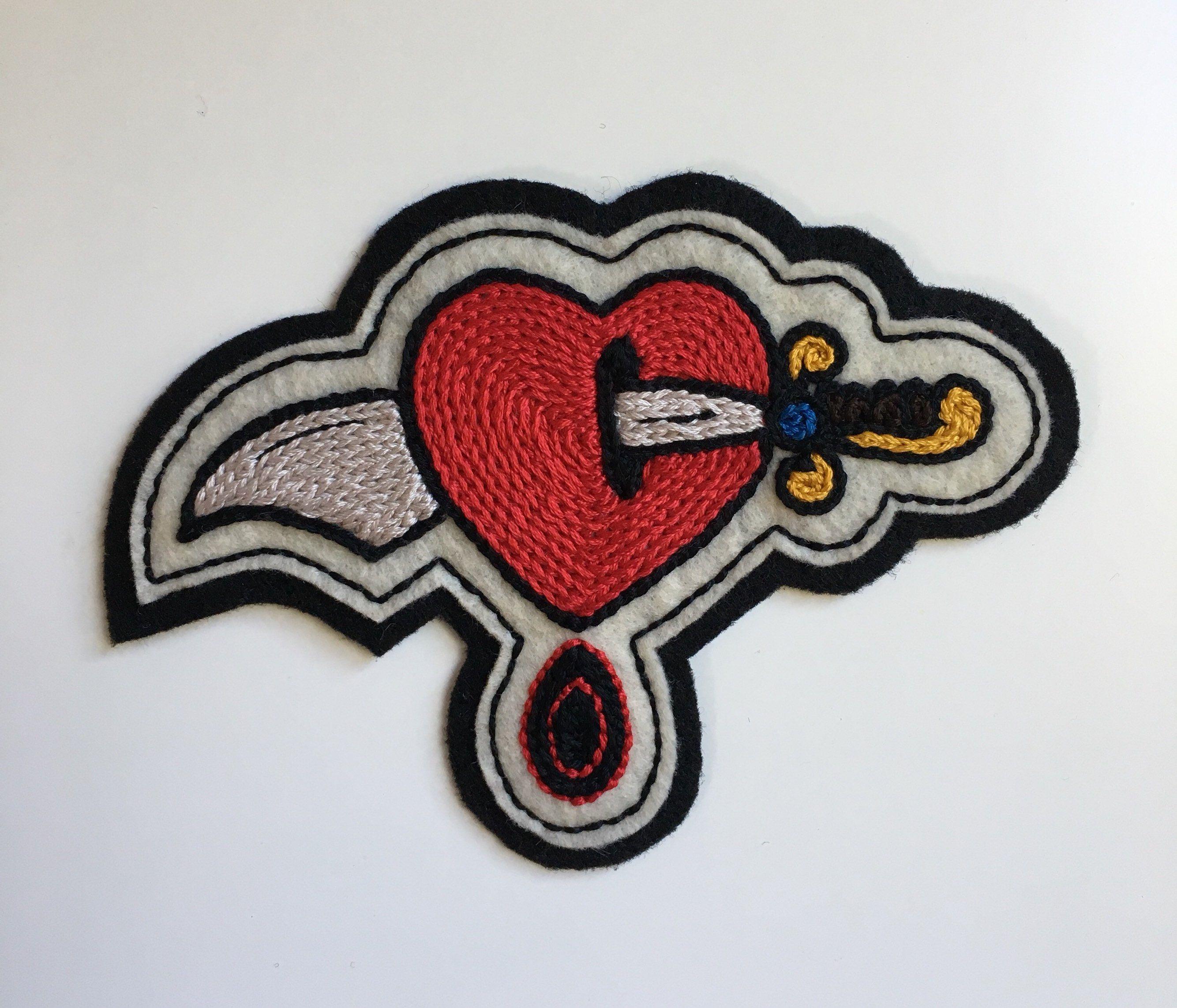 White with Red Tear Drop Logo - Handmade / hand embroidered black & off white felt patch
