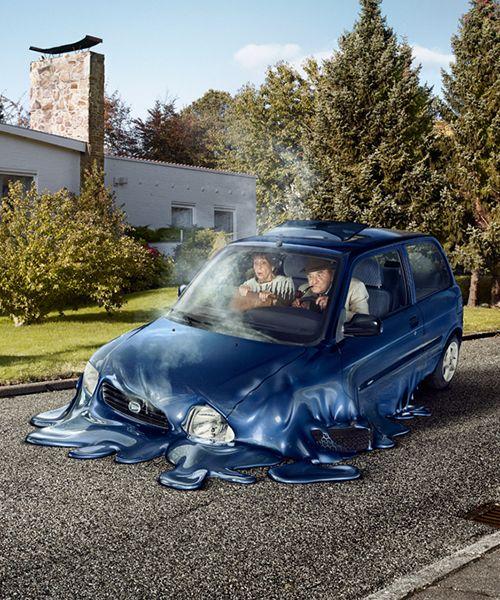 Melting Honda Logo - surreal scenes show melting cars disappear into suburban streets
