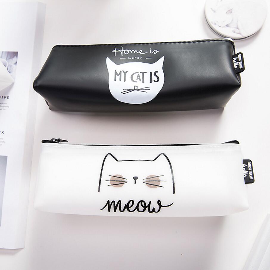 Black Cat Triangle Logo - Cute White and Black Cat style imitation leather pencil case school