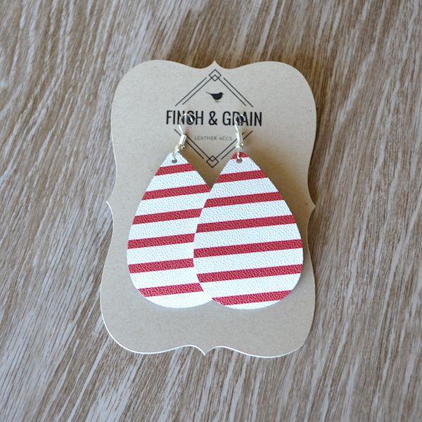 White with Red Tear Drop Logo - Red & White Stripe Teardrop Leather Earrings - Finch & Grain | The ...