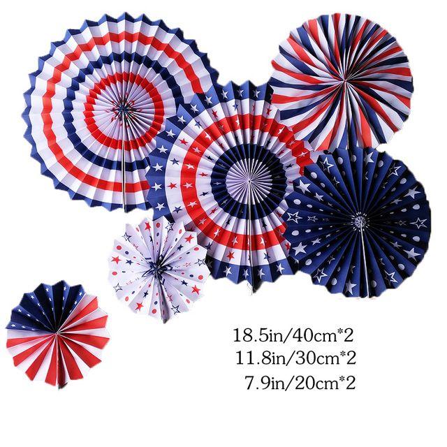 Us Red White Blue Star Logo - 6pcs Round Hanging Paper Fans USA Red White Blue Star Strips Tissue