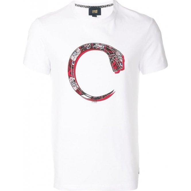 White and Red C Logo - Cavalli Class |Cavalli Class Red-C-Snake Print T-Shirt in White ...