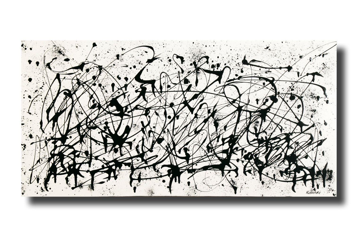 Painting Black and White Logo - Large contemporary black white Abstract painting 24x48 acrylic on ...
