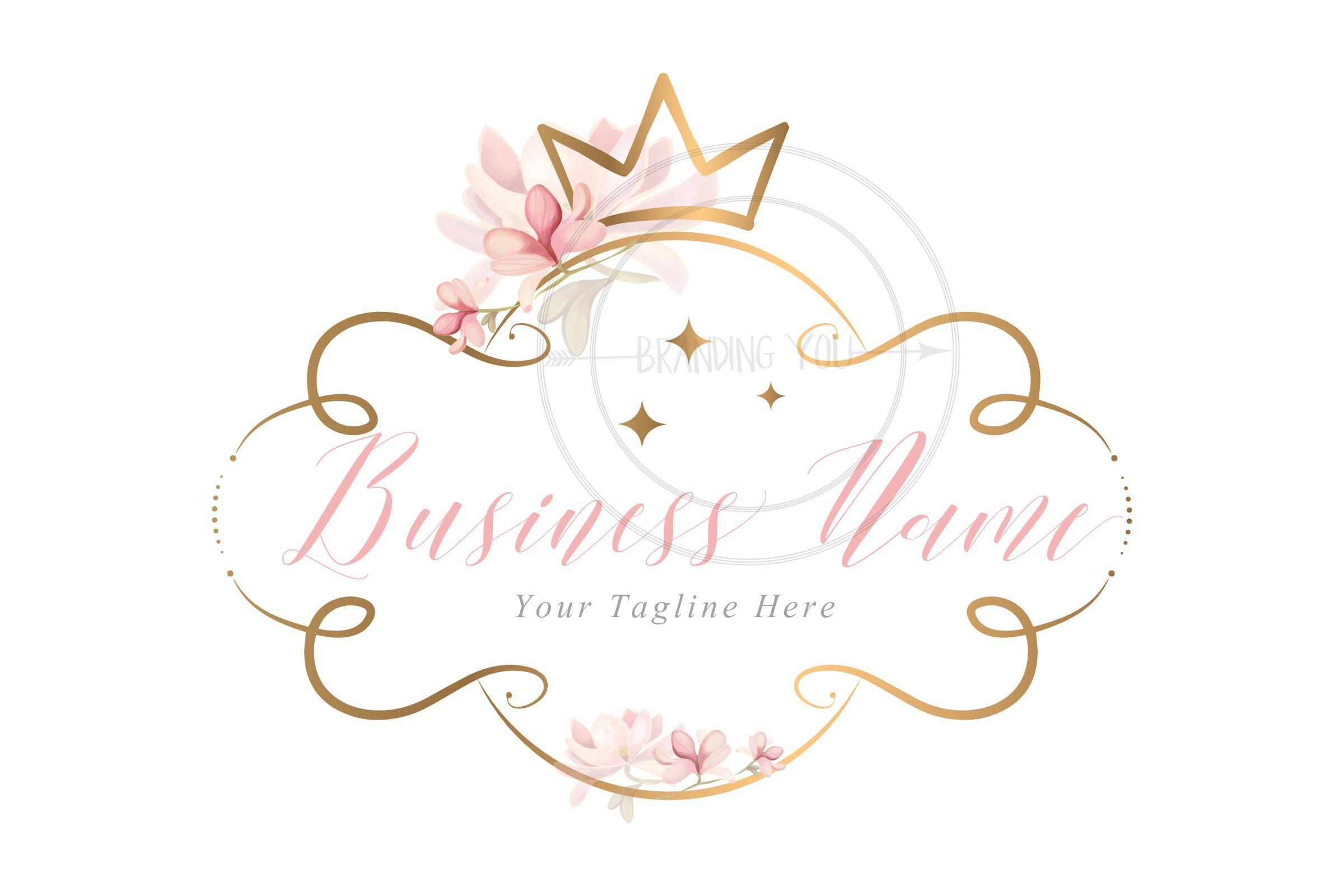 Floral Pink and Gold Logo - Flowers with gold crown logo, Custom logo design, gold crown flowers ...