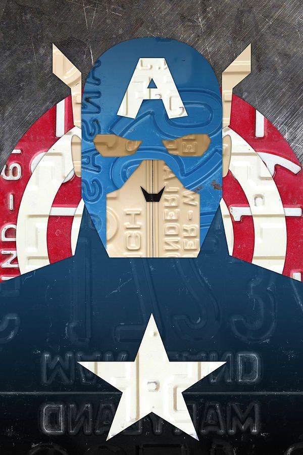 Mixed Superhero Logo - Captain America Superhero Portrait Recycled License Plate Art Mixed