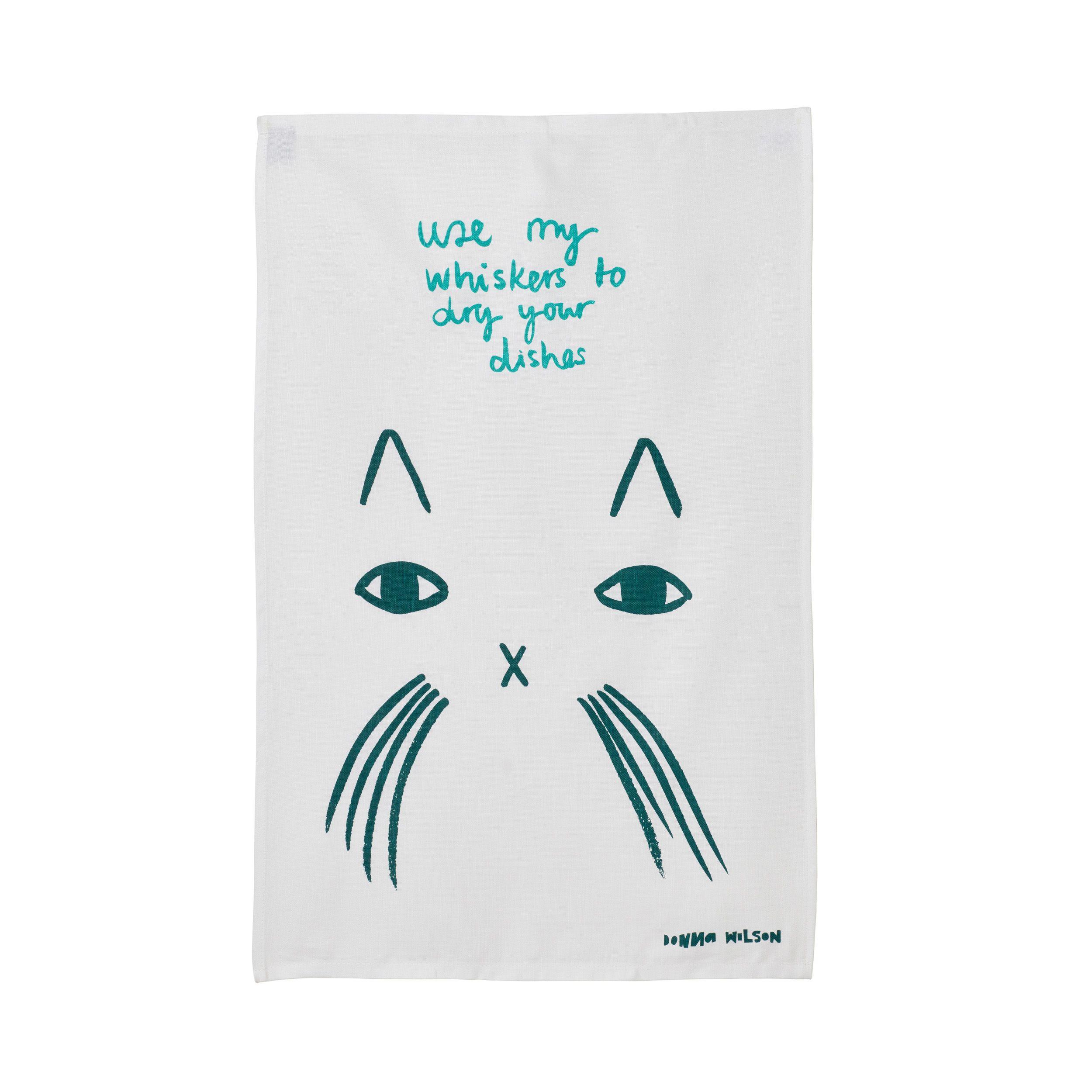 Whiskers and Hat with Blue Oval Logo - Use My Whiskers Tea Towel - Donna Wilson - 100% cotton, made in UK