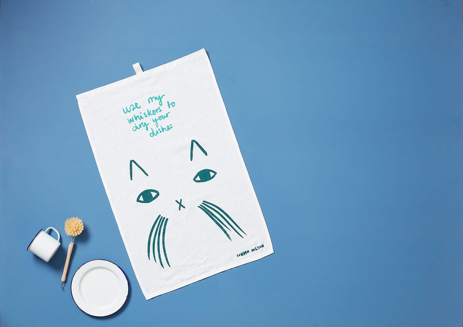 Whiskers and Hat with Blue Oval Logo - Use My Whiskers Tea Towel - Donna Wilson - 100% cotton, made in UK