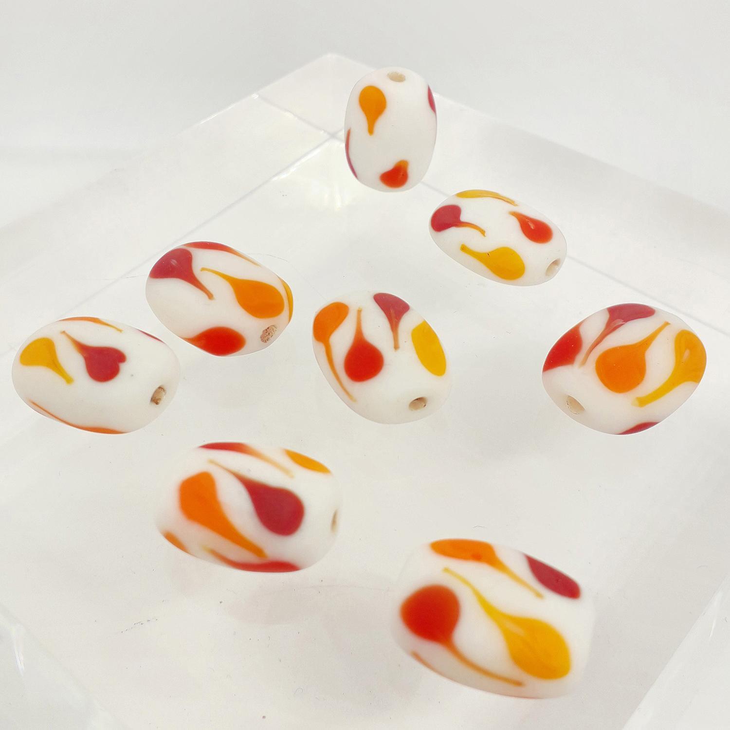 White with Red Teardrop Logo - 18x11mm Matte White Rounded Rectangle Bead with Matte Orange and Red ...