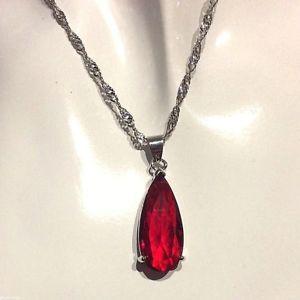 White with Red Teardrop Logo - PE 45 Large Ruby Red Teardrop Pendant & Chain Silver White Gold GF ...