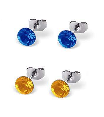 Blue and Yellow Round Logo - Blue & Yellow Round Crystal Stone Earrings 5mm - Stainless Steel - 2 ...