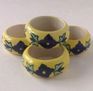 Blue and Yellow Round Logo - Hand Painted Pottery Napkin Rings Cobalt Blue Flowers Yellow Round