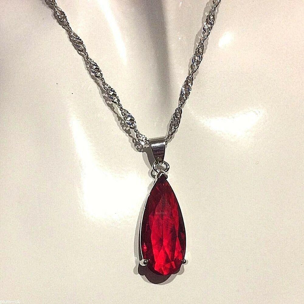 White with Red Teardrop Logo - PE 45 Large Ruby Red Teardrop Pendant & Chain Silver White Gold GF